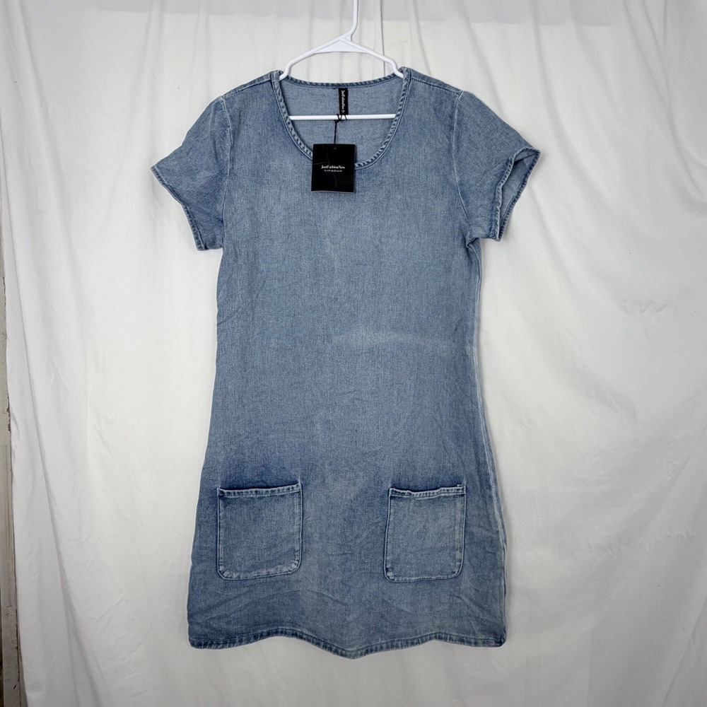 JustFashionNow Light Wash Denim Shift Dress Short Sleeve Pockets Women's M